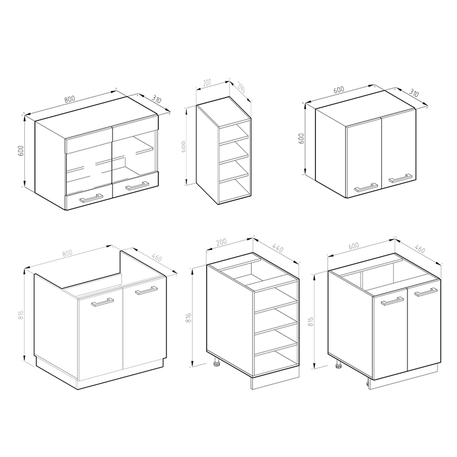 Skizze der Vicco R-Line Singleküche 160 cm in Eiche/Anthrazit, modulare Küchenzeile mit Maßen.