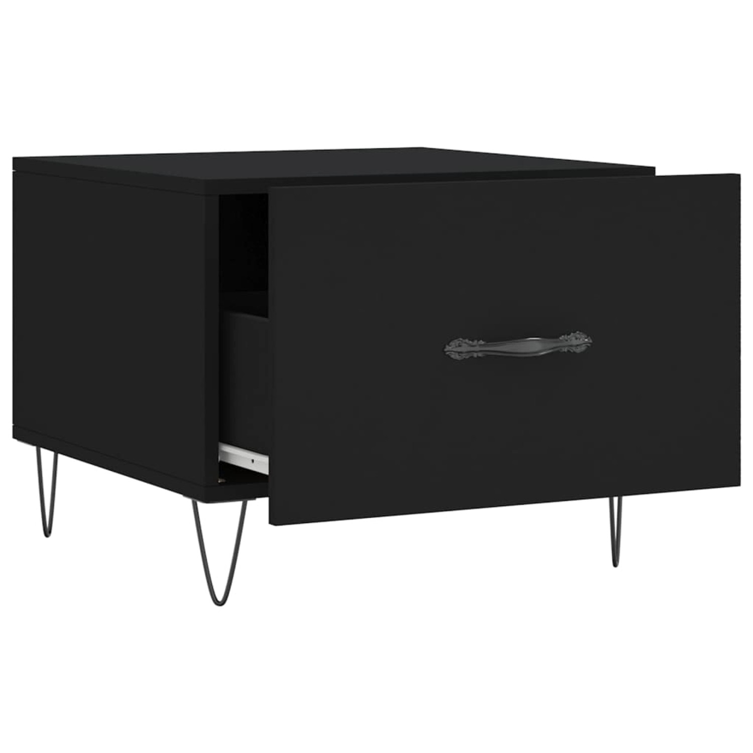 Schwarze vidaXL Couchtische (2 Stk.) aus Holzwerkstoff mit Schublade und Metallbeinen.