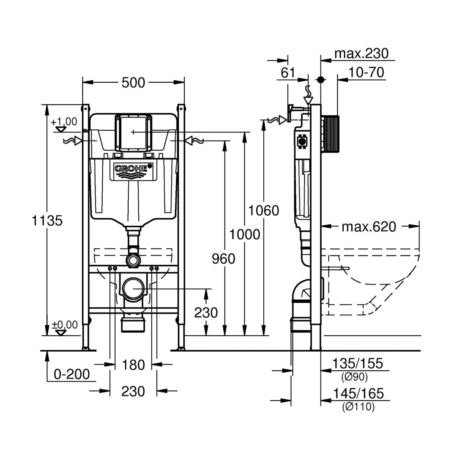 Technische Zeichnung Grohe Solido 2-in-1 WC-Set mit Maßen für Installation.
