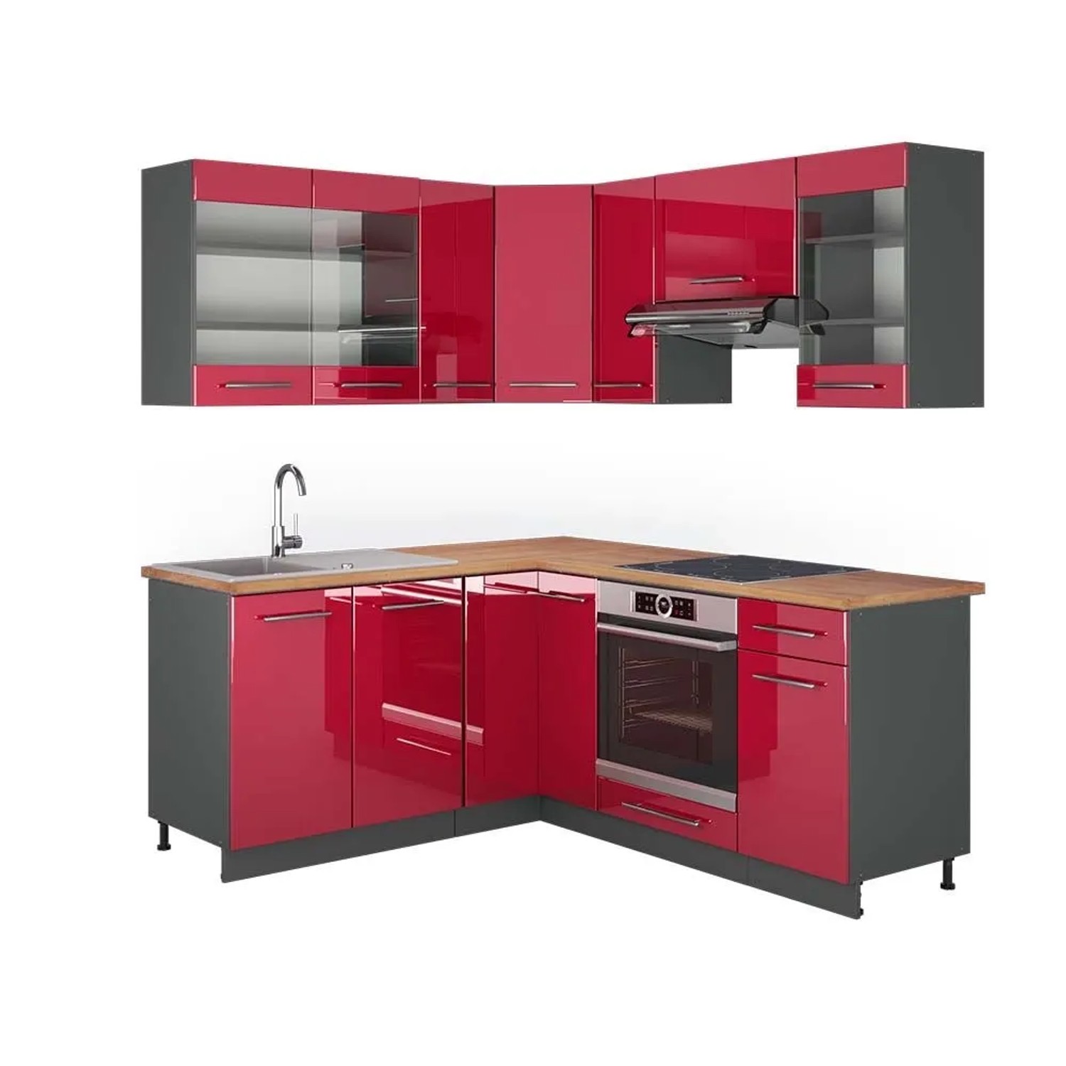 Vicco Eckküche Fame-Line Bordeaux Hochglanz/Anthrazit 190 x 82, AP Eiche