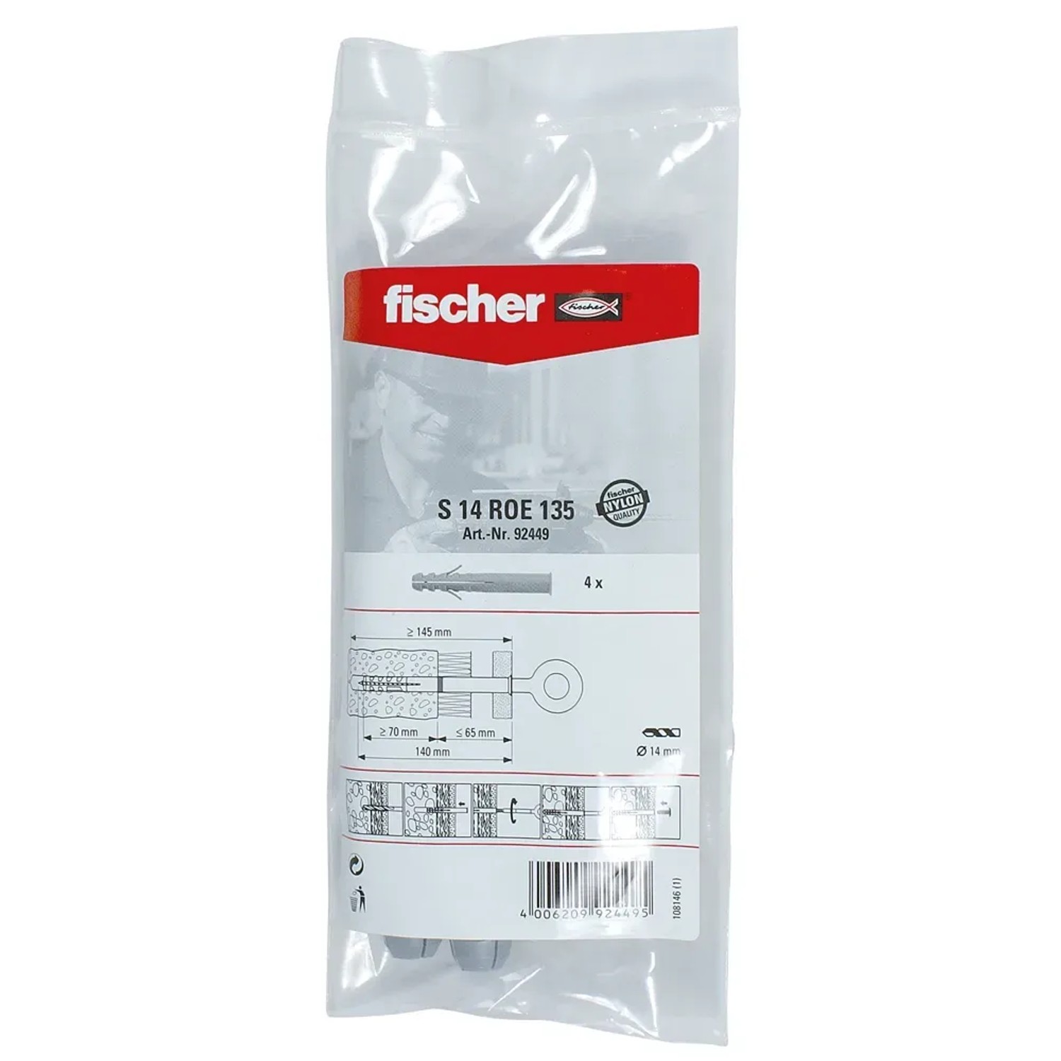 Fischer Dübel S 14 ROE 135, 4 Stück im transparenten Kunststoffbeutel.