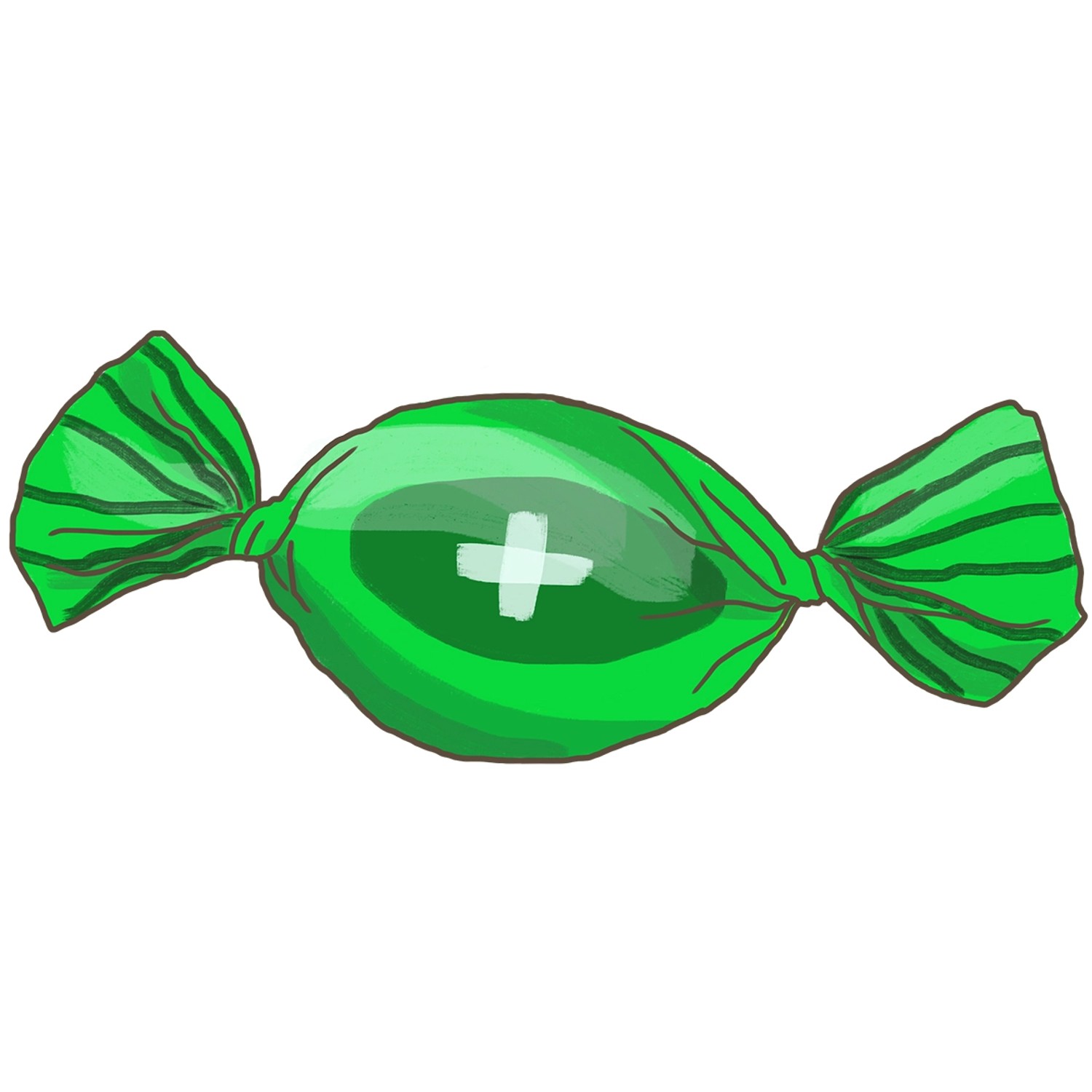 Illustration eines grünen Bonbons mit weißem Kreuz, das einen Menthol-Strauch symbolisiert.