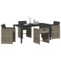 5-teiliges Garten-Ess-Set aus grauem Poly Rattan mit Tisch und Stühlen inklusive Kissen.
