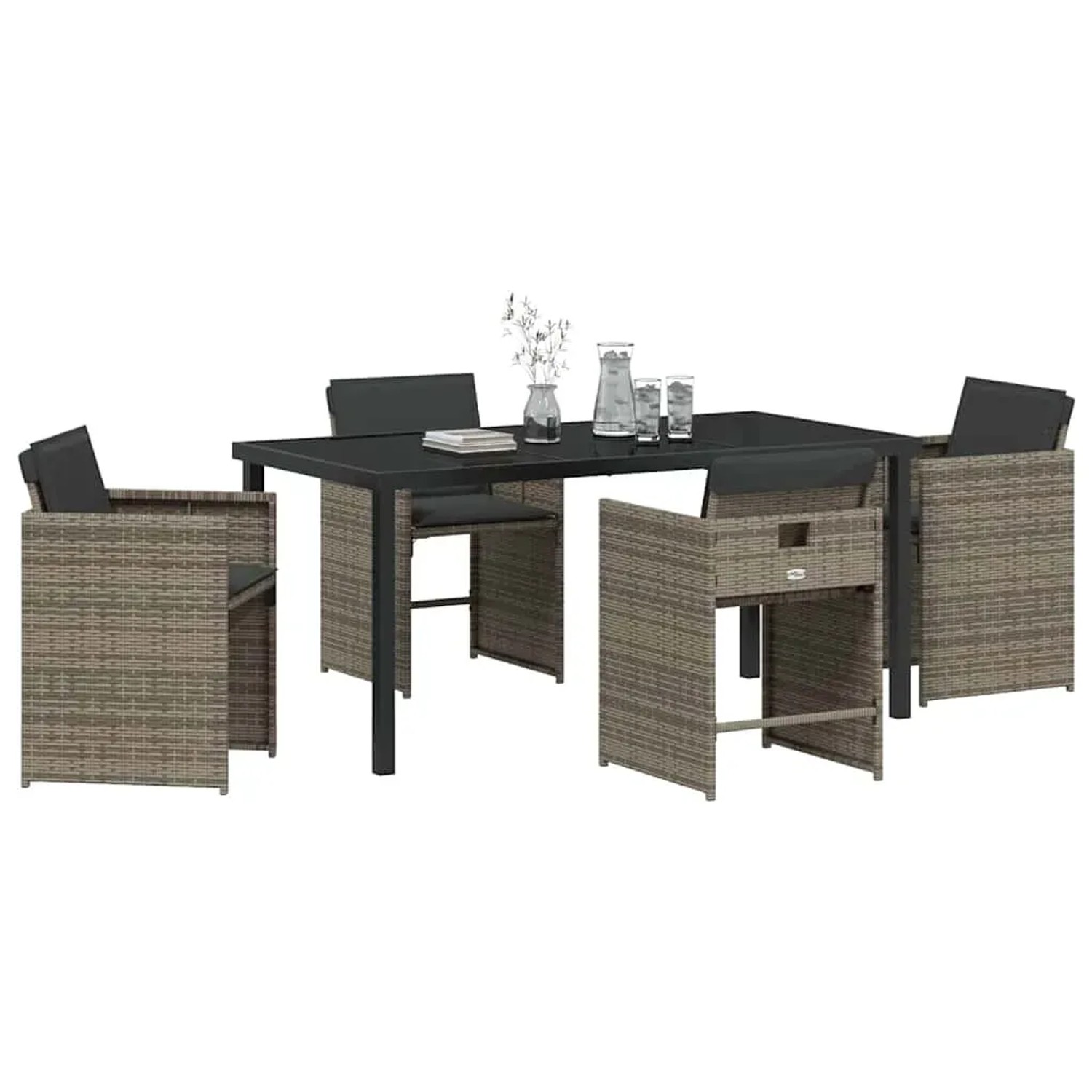 5-teiliges Garten-Ess-Set aus grauem Poly Rattan mit Tisch und Stühlen inklusive Kissen.