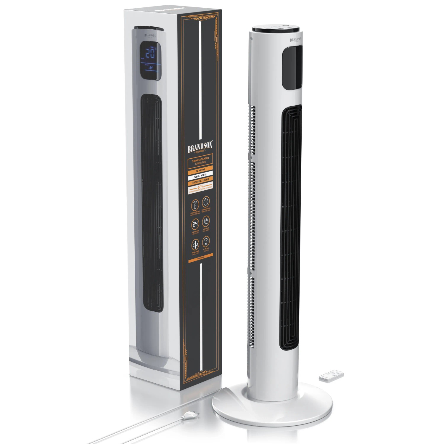 Brandson ECO Turmventilator mit leisem DC-Motor, 12 Stufen, Timer und Fernbedienung.