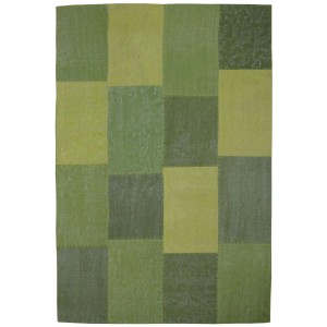 Grüner Kurzflor Teppich im Patchwork Retro Design, Baumwolle, 80x150 cm.