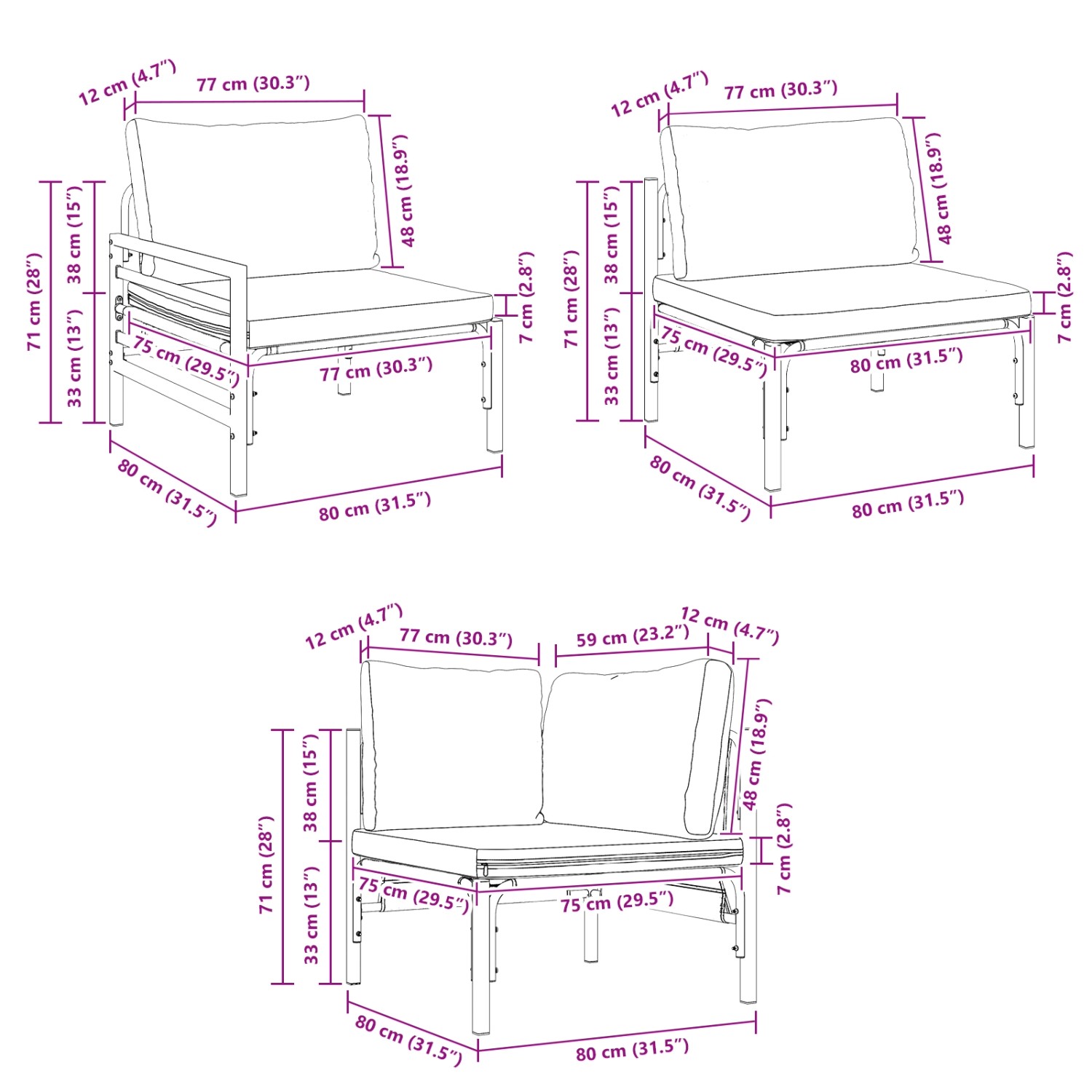 vidaXL Garten-Sofa-Set, 13-teilig, anthrazitfarbenes Stahlgestell, Abmessungen.