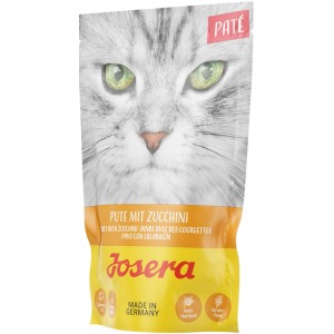 Josera Katzen-Nassfutter Pate Pute mit Zucchini, 85g Beutel mit Katzenmotiv.