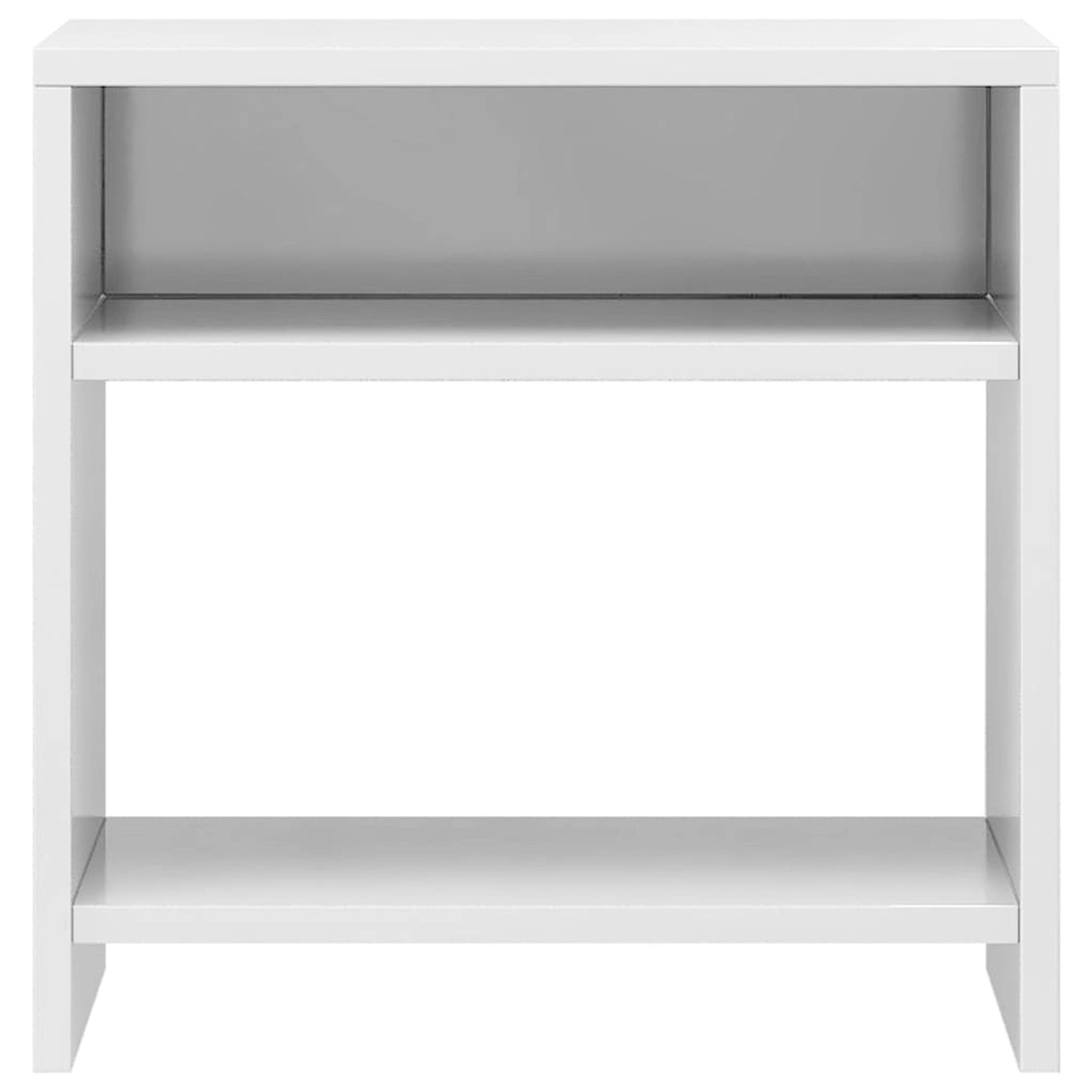 Weißer, hochglänzender Nachttisch mit zwei Ablageflächen. Ideal für Schlafzimmer.