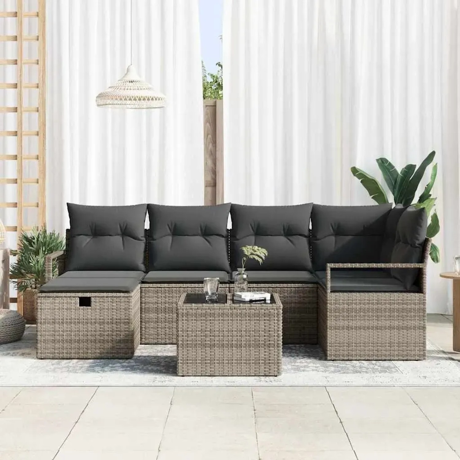 Graues 7-teiliges vidaXL Garten-Sofa-Set aus Poly Rattan mit Kissen und Stauraum.