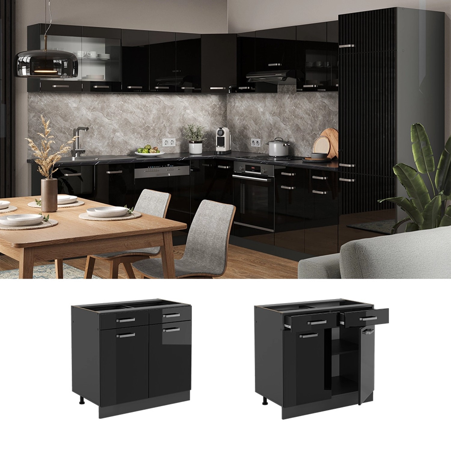 Vicco Küchenunterschrank R-Line, 80cm, Schwarz Hochglanz/Anthrazit, ohne Arbeitsplatte.