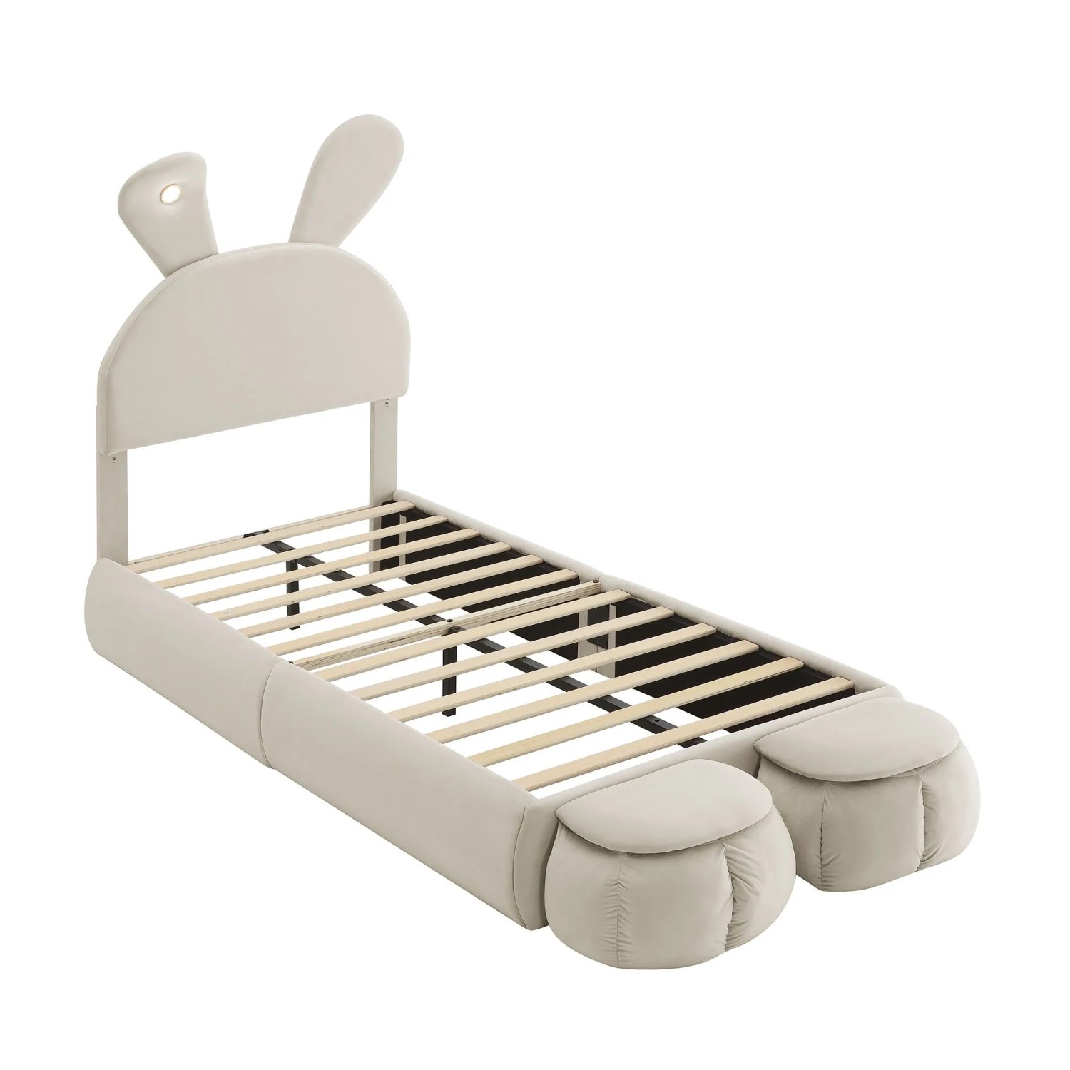 PXloue Kinderbett 90x200cm Polsterbett Beige Samt Hasenohren LED Licht mit Aufbewahrungshockern