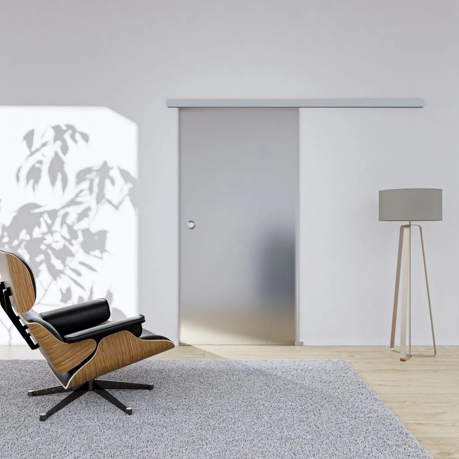 Hansaglas Glasschiebetür Satiniert 775 x 2050 mm Komplettset Silber Muschelgriff