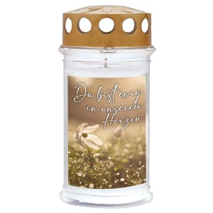 Weißes Ambrosius Motiv-Grablicht mit Blumenmotiv und dem Spruch 'Du bist ewig in unserem Herzen'.