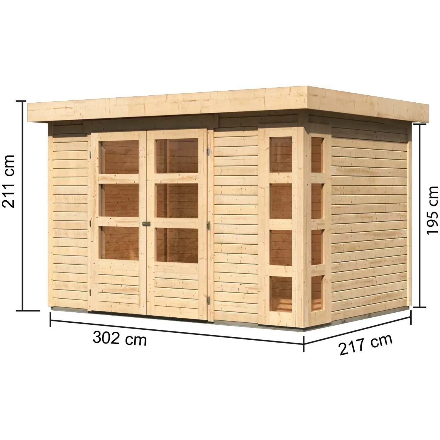 Karibu Gartenhaus Sölve, unbehandeltes Holz, Flachdach, 298x213 cm. Gartenhaus mit Doppeltür und Fenster.