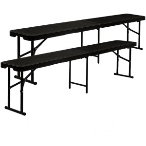 AMANKA Bierzeltgarnitur: 2er-Set schwarze Bierbänke aus Kunststoff in Rattanoptik, klappbar.