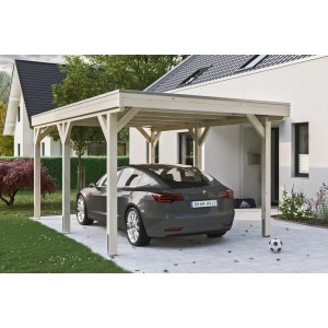 Skan Holz Carport Grunewald mit Aluminiumdach, naturbelassen, mit parkendem Auto.