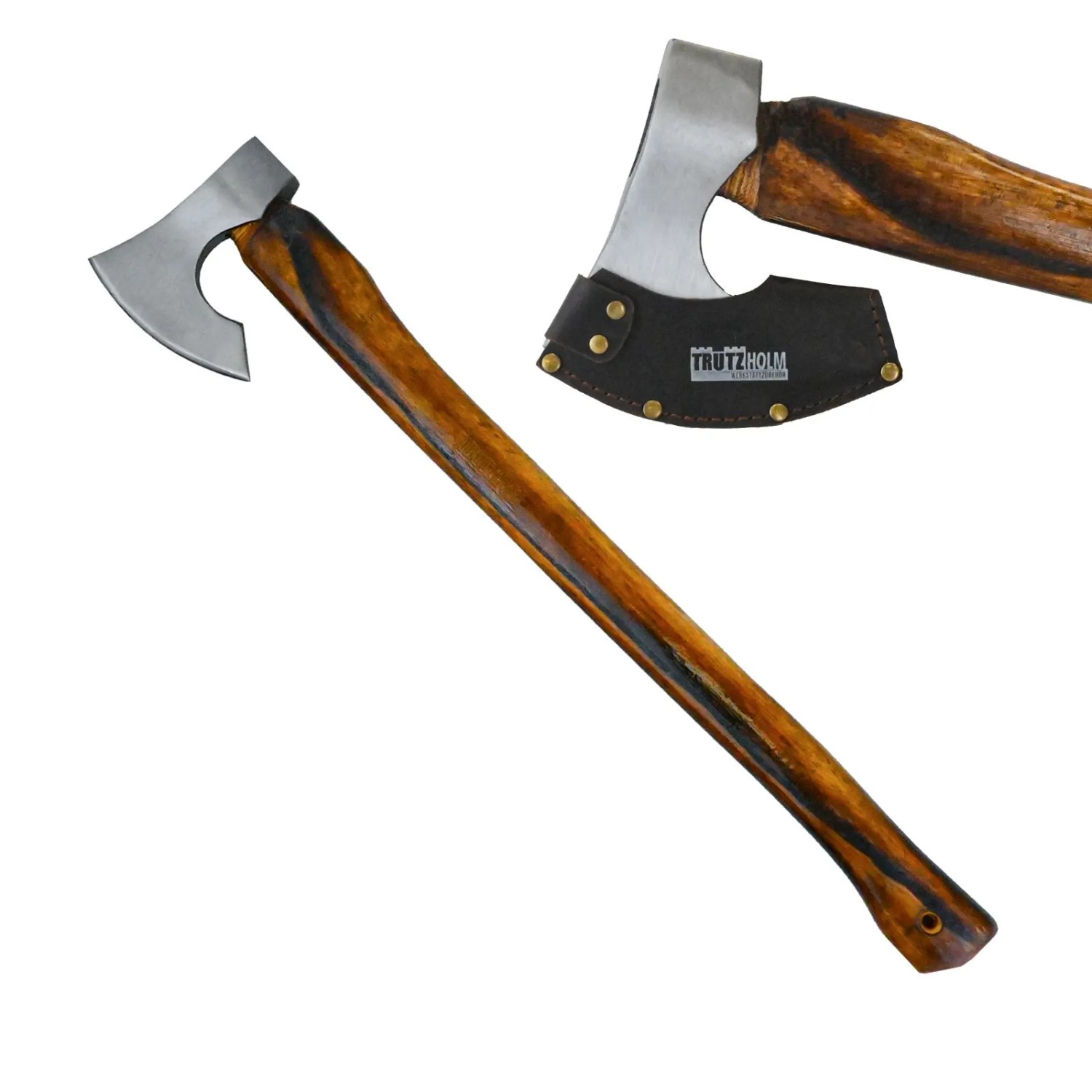 TRUTZHOLM B-Ware Axt Vintage Stahl Hickoryholz Geflammt 850 g Kopf 700 mm Lang inkl. Klingenschutz aus Leder