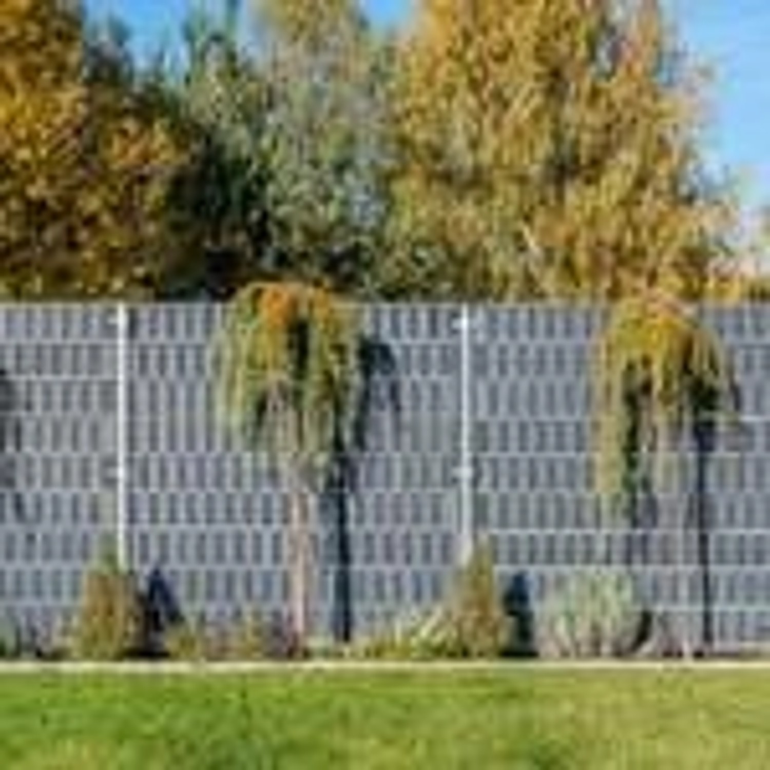 Anthrazitfarbene Rattan Sichtschutzstreifen im Zaun, Zubehör für Doppelstabmatten.