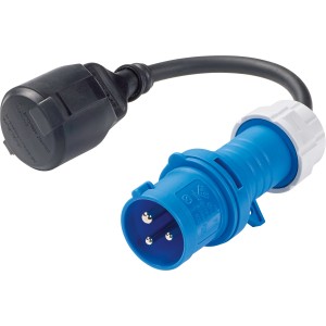 Blau-schwarzer CEE Stecker, 3-polig, 16A für Schutzkontaktkupplungen.