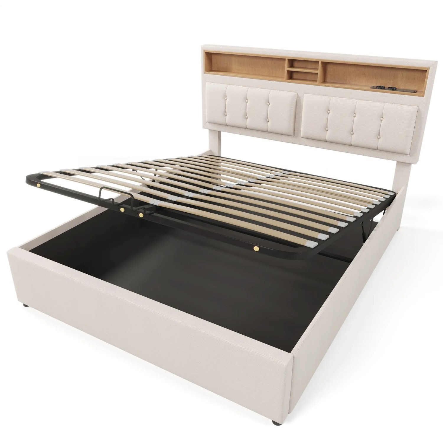 Merax Polsterbett 160x200cm USB-C Leinen Stauraum