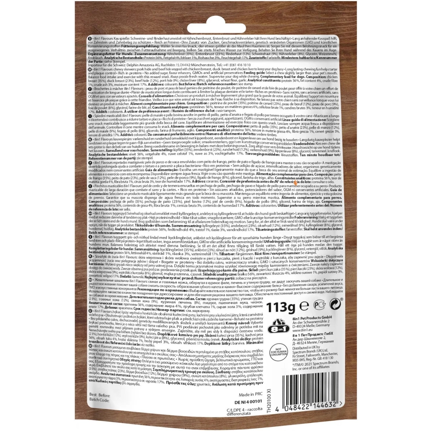 8in1 Triple Flavour Skewers, 6 Stück. Hunde-Snack mit Hühnchen, Ente und Leber.