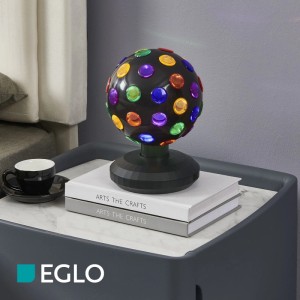 Eglo LED-Discotischleuchte Disco, schwarz, mit bunten, rotierenden LEDs auf Nachttisch. Für farbige Lichteffekte.