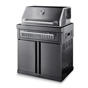 Freistehender MyOutdoorKitchen Holzkohlegrill Black Collection aus Edelstahl mit Schränken.