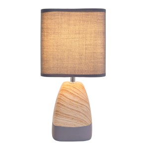 Näve Tischleuchte Cremona mit Textilschirm, Holzfuß, grau. Design-Tischlampe für Nachttisch.