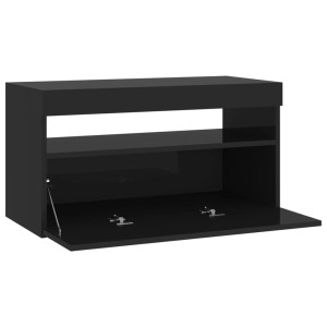Schwarzer VidaXL TV-Schrank mit LED, 75x35x40 cm, offene Tür.