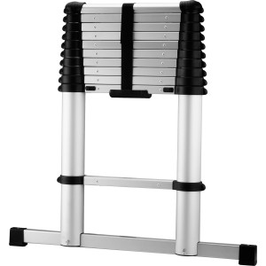 Zusammengeklappte Aluminium Teleskopleiter mit 11 Stufen für Innen- und Außenbereich.