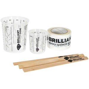Brilliant Shine Zubehör-Set, 21-teilig: Mischbecher, Trennband und Rührstäbe für Gießharzarbeiten.