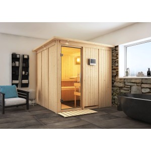 Karibu Sauna Rikka mit Bio-Ofen und LED-Dachkranz in naturbelassenem Holz.