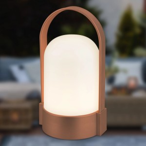 Brilo Akku-LED-Tischleuchte in Braun-Metallic Matt mit Tragegriff. Dekorative Außenleuchte.