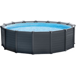 Intex Frame Pool Set Graphit, Ø 478 cm, mit Sandfilteranlage. Stahlrahmenpool in Holzoptik.