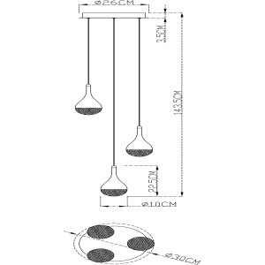 Skizze der chromfarbenen LED-Pendelleuchte Frizzante mit 4 Lampen und EasyDim Funktion.