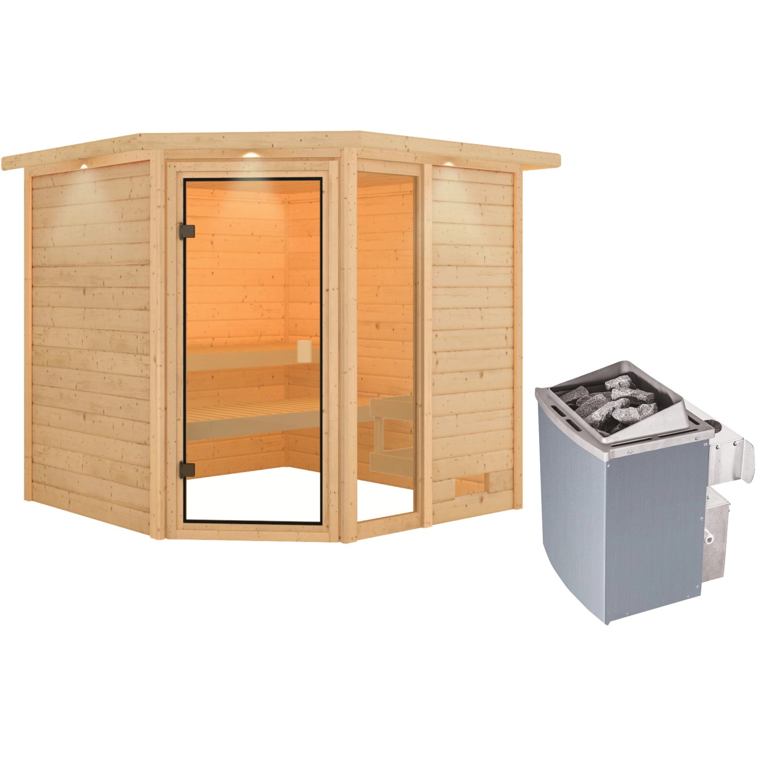 Karibu Sauna Tabea mit Ofen intergrierte Stg.LED-Dachkranz Natur