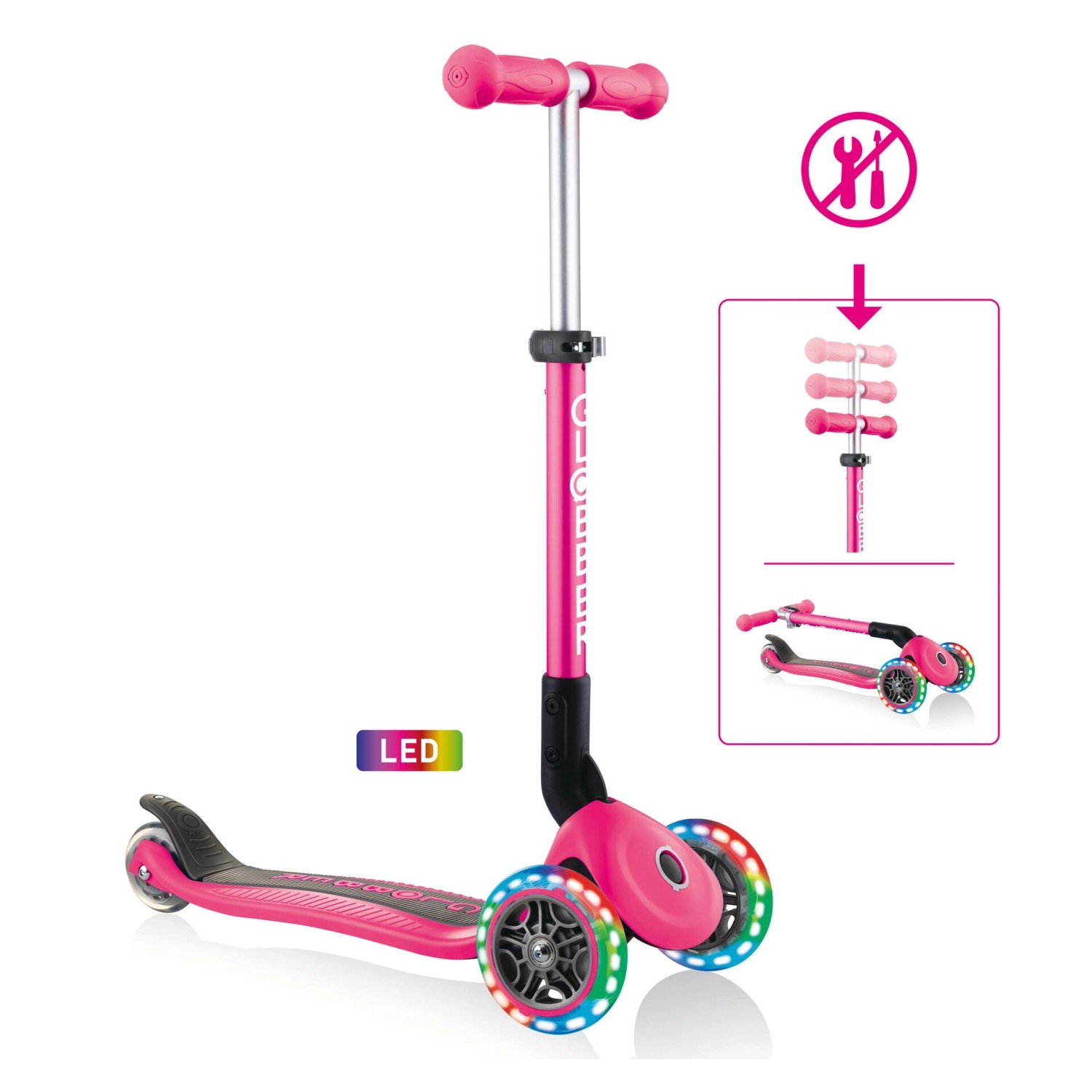 Globber Junior Tretroller, fuchsia pink, mit 3 Rädern und LED-Leuchtrollen.