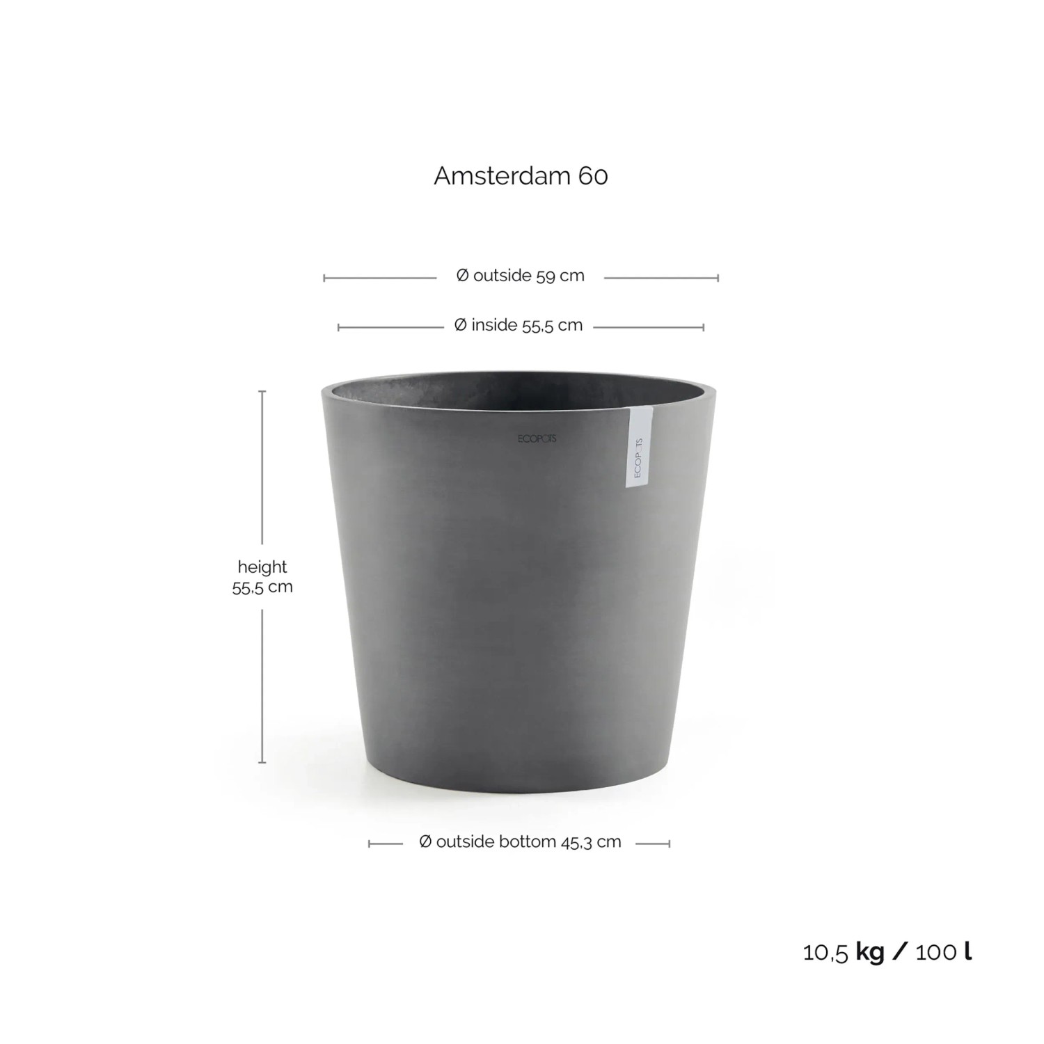Grauer Ecopots Pflanztopf Amsterdam, Ø 60 cm, Höhe 56 cm. Ideal für Innen- und Außenbereich.