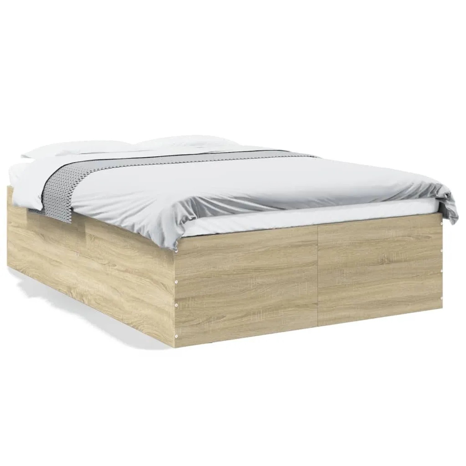 Modernes Bettgestell in Sonoma-Eiche Optik, 135x190 cm, aus Holzwerkstoff, mit weißer Bettwäsche.