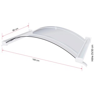 Weißes Gutta Bogenvordach BV/B 160 mit Acrylglas und Aluminium, Maße 25 cm x 160 cm x 90 cm.