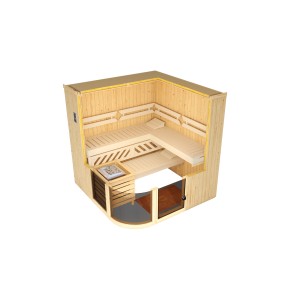 Weka Designsauna Sara 1 Sparset: Innenansicht der Sauna mit Liegen, Ofen und Glasfront.