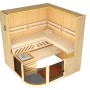 Weka Designsauna Sara 1 Sparset: Innenansicht der Sauna mit Liegen, Ofen und Glasfront.
