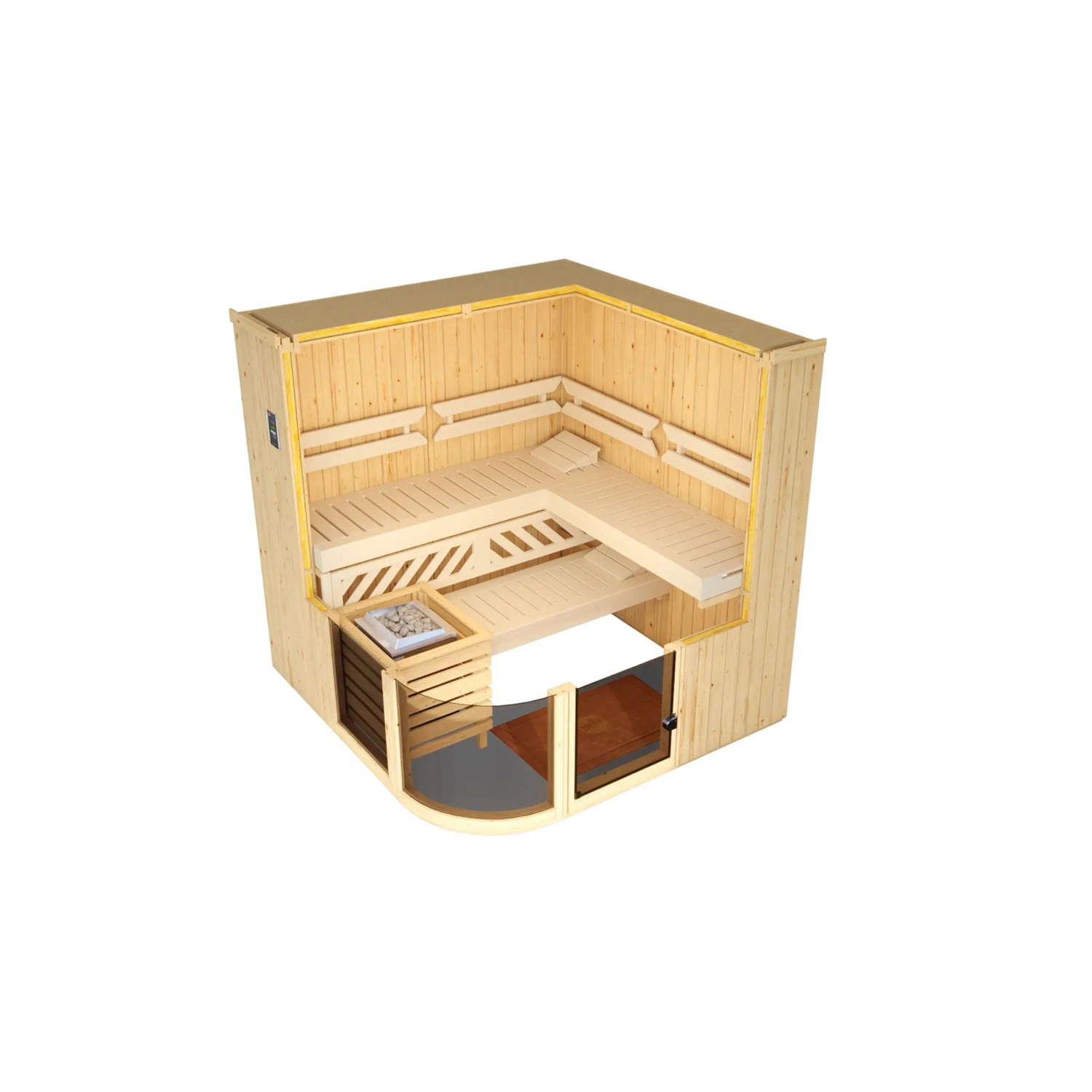Weka Designsauna Sara 1 Sparset: Innenansicht der Sauna mit Liegen, Ofen und Glasfront.