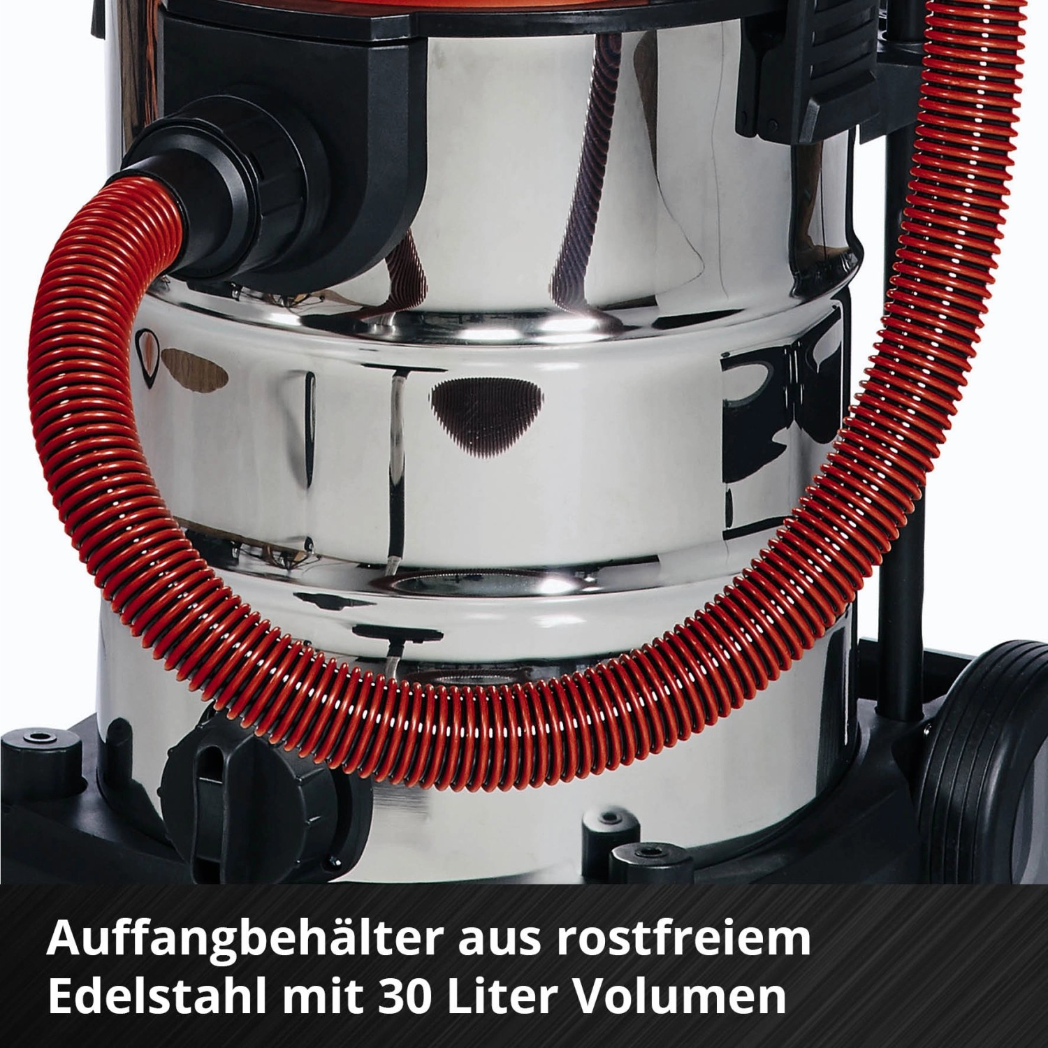 Einhell TE-VC 36/30 Li-Solo Akku-Nass-Trockensauger mit Edelstahlbehälter und rotem Schlauch.