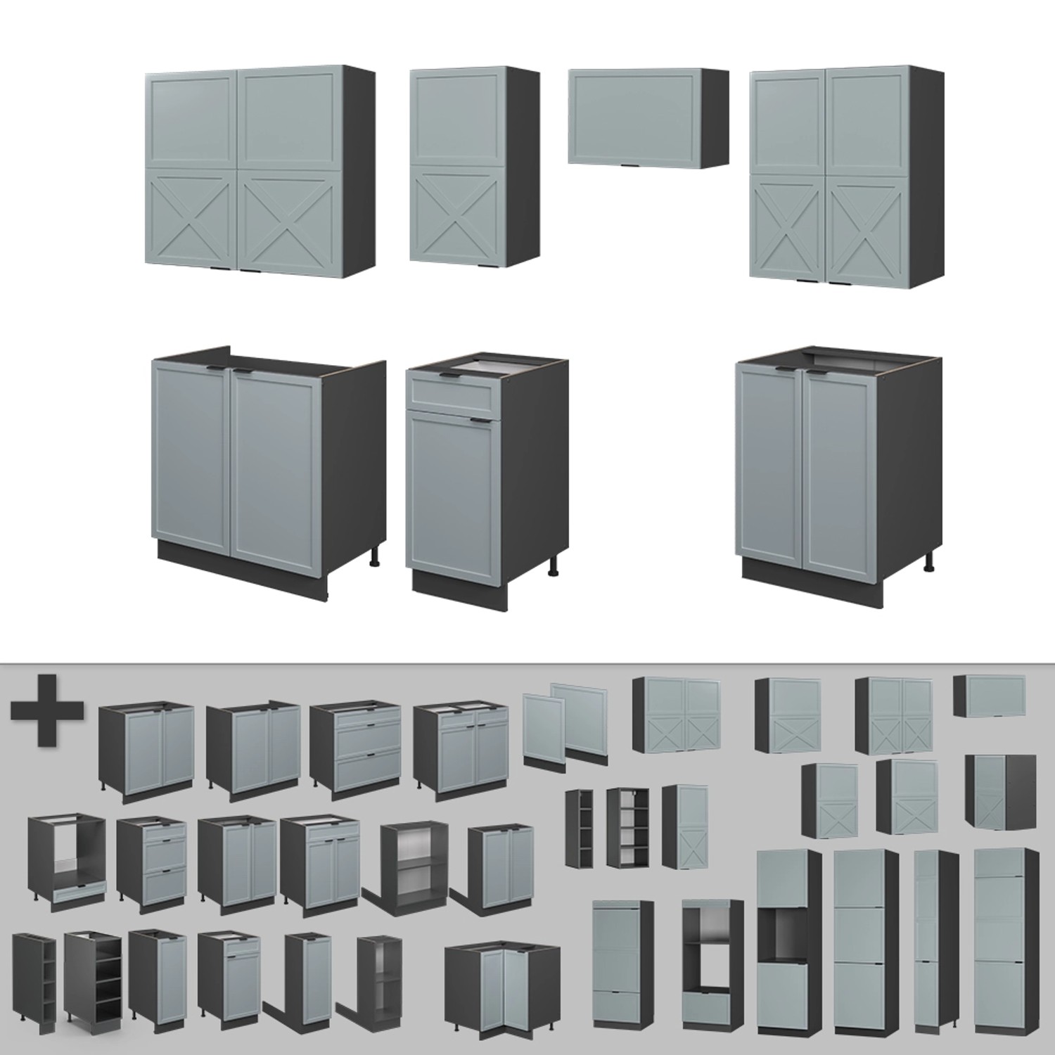 Vicco Fame-Line Küchenzeile 240 cm, hellblau-grau/anthrazit, verschiedene Schränke und Module.