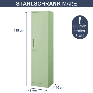 Pastellgrüner JAN NOWAK Aktenschrank ALEX mit Flügeltüren und den Maßen 185 x 45 x 40 cm.