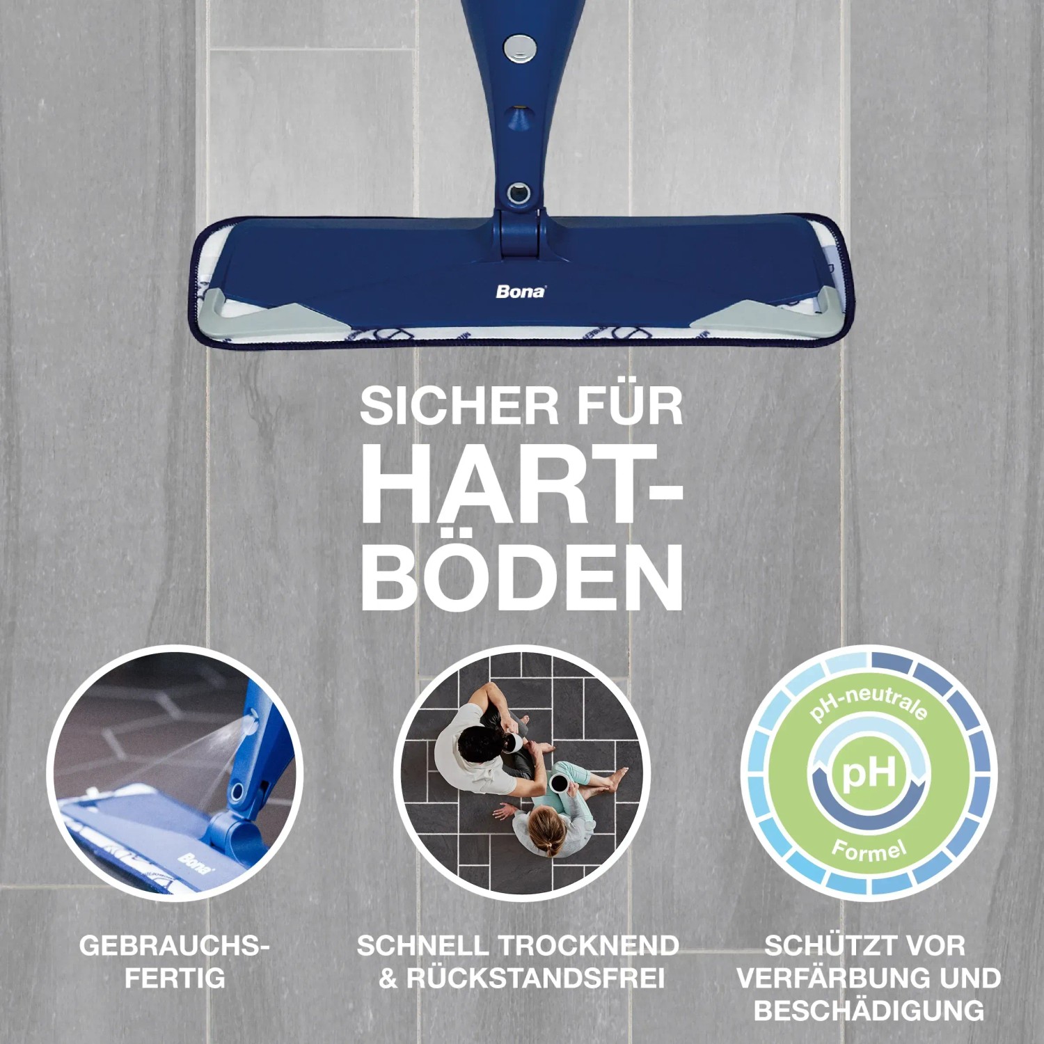 Bona Reiniger für Stein, Fliesen & Laminat mit Wischer. Reinigt streifenfrei und schützt Hartböden.