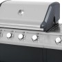 Outdoor-Küche mit Gasgrill in Schwarz und Edelstahl, Grillfläche mit Haube und Drehknöpfen.