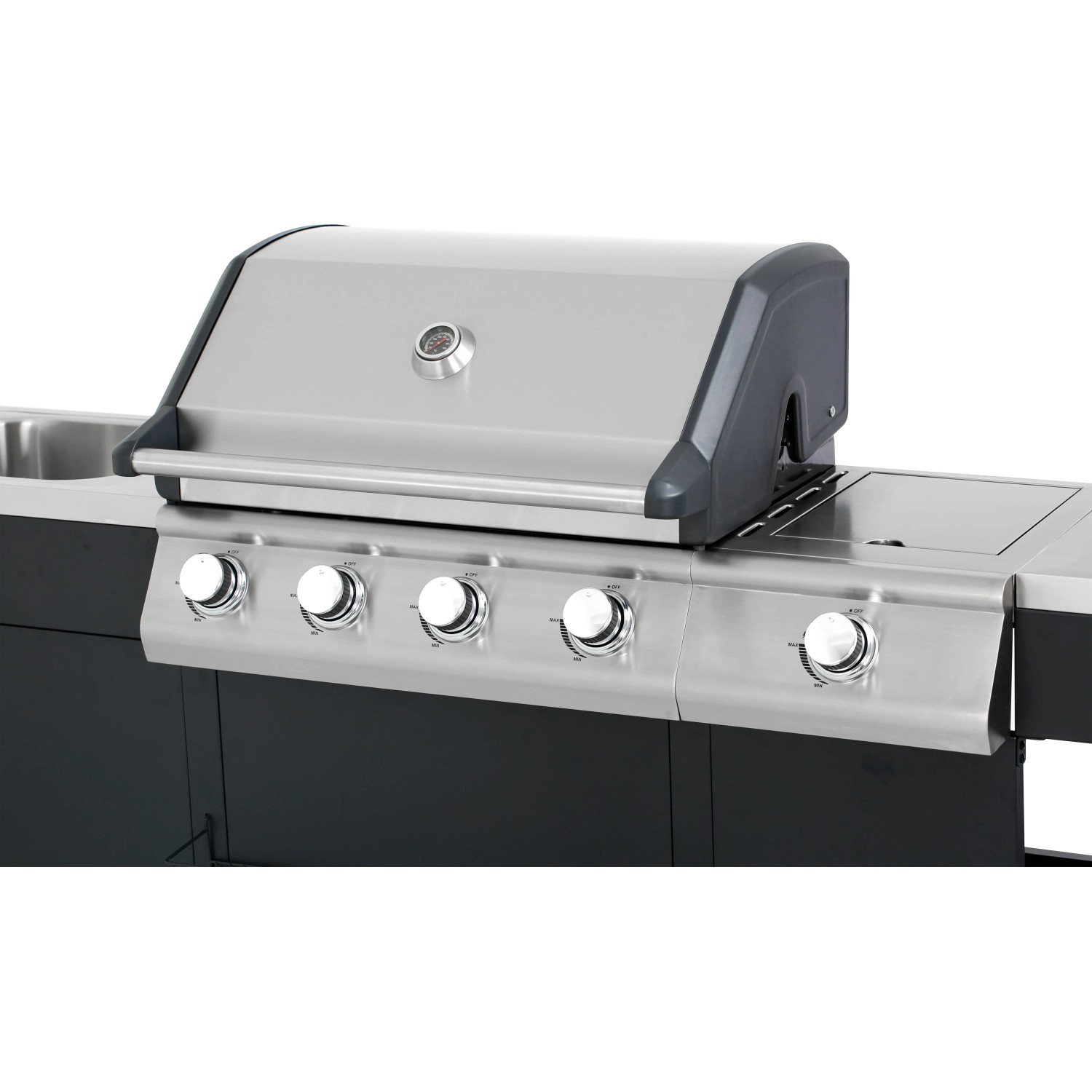 Outdoor-Küche mit Gasgrill in Schwarz und Edelstahl, Grillfläche mit Haube und Drehknöpfen.